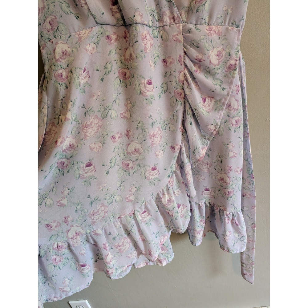 Pastel Floral Dress Fairy Coquette Twee Flutter Sleeve Purple Medium Faux Wrap - Picture 8 of 16